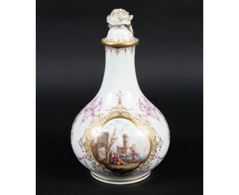 A 19th century Meissen bottle vase and cover. With blue crossed swords and star mark, incised H.180 and pressnummer 7, painte