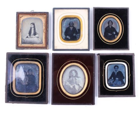 Six Victorian Daguerreotype framed portraits. One a double portrait of mother and child, two gentlemen and three ladies, in g