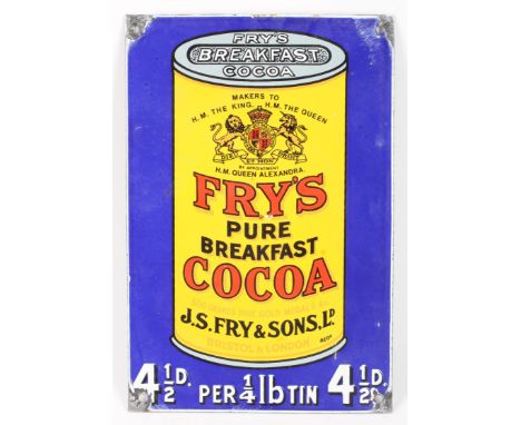 A Frys Pur Breakfast Cocoa enamel sign, early 20h century. With a blue ground, pierced, 26.5cm x 17.5cm