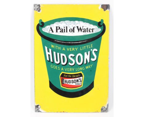 A Hudsons Pail of Water Soap enamel sign. With a yellow ground, pierced, 18cm x 26cm