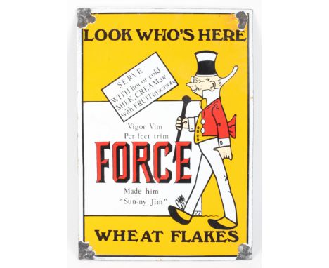 A Force Wheat Flakes enamel sign, 20th century. With yellow ground, pierced, 26.5cm x 18.5cm 