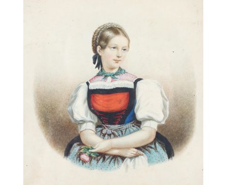 19th Century School, portrait of girl holding a pink rose, watercolour and gouache. In walnut frame, 18.5cm x 19cm 