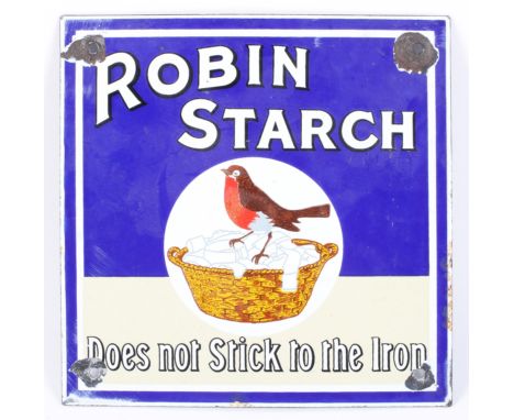 A Robin Starch Does Not Stick to the Iron enamel sign. With a blue ground, pierced, 22cm x 22cm