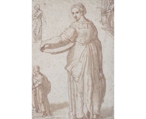 Attributed to Nicolo Martinelli da Pesaro, Il Trometta, (circa 1540-1610-15), Sheet of Studies. Figure Standing Holding a Dis