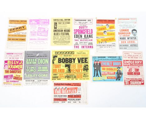 A collection of music handbills, circa 1960s. With artists including The Beatles, The Rolling Stones, Gerry and the Pacemaker