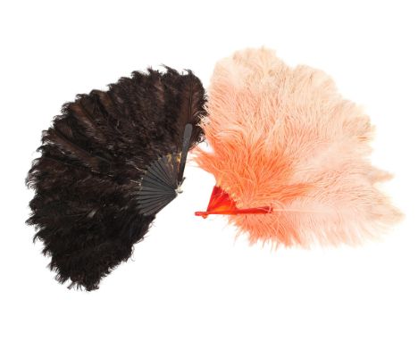 Two vintage ostrich feather fans. In graduated pink and brown tones, on simulated tortoiseshell and plastic handles. The brow