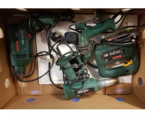 Mixed Bosch power tools: jigsaw, heat gun, hammer drill and a hot glue gun. 