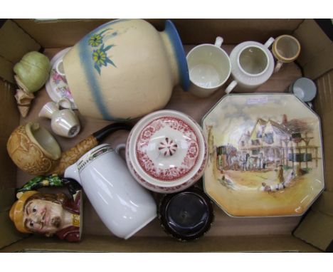 A mixed collection of ceramic items: Royal Doulton series ware bowl, Romney vase, Grimwades jug etc (1 tray). 