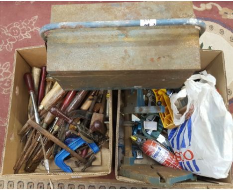 Assorted vintage hand tools: together with clamps and cantilever tool box. 
