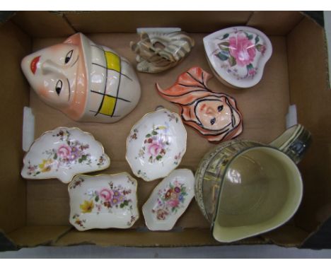 A mixed collection of ceramic items: Royal Crown Derby 'Derby Posies' pin dishes, Crown Devon face masks, Royal Doulton serie