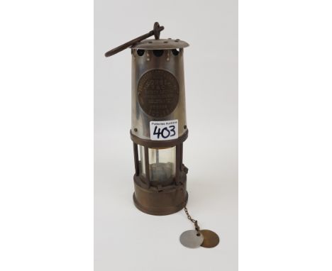Eccles Type GR6S Miners safety lamp: Wolstanton Colliery, with chain and tags. 