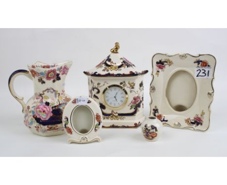 A collection of Masons ceramic items: Blue Mandalay clock, 2 x photo frames, Brocade jug and a Mandarin miniature vase. 