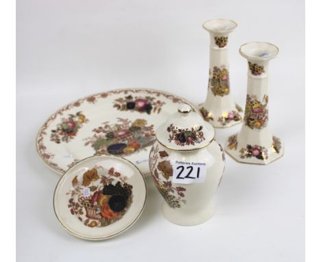 A collection of Masons ceramic items: 'Harvest Gold' pattern, wall plate, pair of candlestick holders, small temple jar &amp;