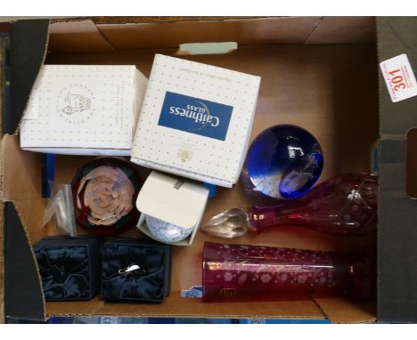 A collection of Caithness &amp; Laura Ashley Glass item to include: Vases, Perfume Bottle, Paperweights etc 