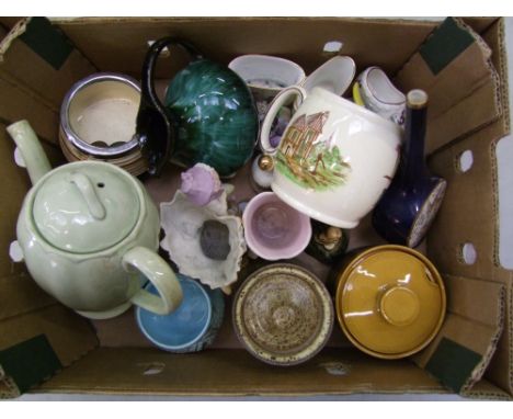 A mixed collection of ceramic items: Carlton Ware bud vase, small Royal Worcester posy vases, coffee pot, Wade sugar bowl etc