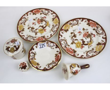 A collection of Masons ceramic items: 'Brown Mandalay' pattern, 2 x wall plates, saucer, hand bell, lidded pot and miniature 