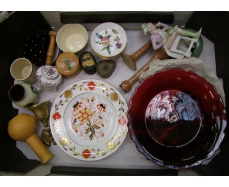 A collection of mixed ceramics: including a large Royal Doulton flambe bowl (signed Noke), Royal Worcester pin dishes, Royal 