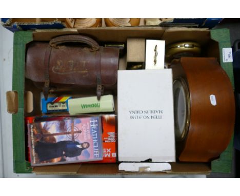 A mixed collection of items to include: Mahogany Mantle Clock, boxed battery storm lamp, Crown Green Bowls etc 