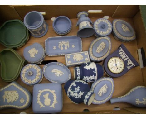 A collection of Wedgwood jasper ware items: including trinket boxes, mantel clock, pin trays, together with 2 dark blue Adams