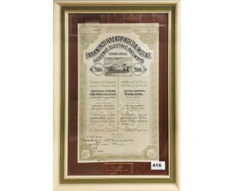A 1951 Greek railway share certificate, signed by Princess Alexander of Greece, 35 x 50cm.