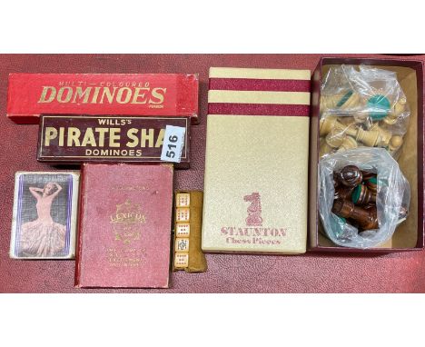 A Staunton chess set, two vintage dominos, playing cards, etc.