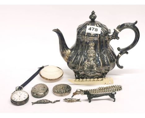 A silver plated teapot and a quantity of small items.