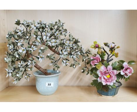 Two Chinese glass bonsai trees in ceramic pots, largest 38cm.