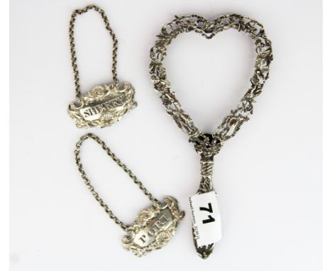 A pair of hallmarked silver port and sherry decanter labels and a heart shaped hand mirror frame, frame size 19cm, gross weig