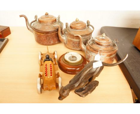Three early Copper Kettles, Caste Iron Racing Car, Bronzed Jaguar and a Small Wall Barometer 