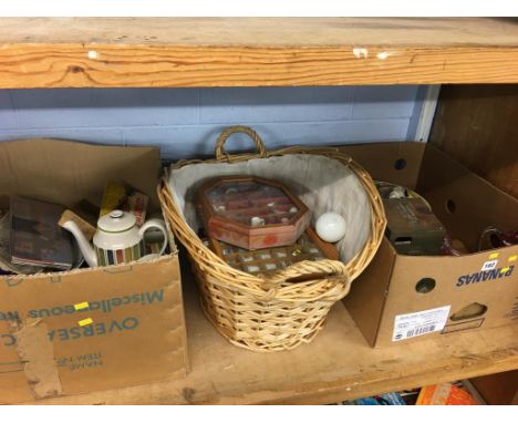 A shelf of assorted crested ware and Dimple decanter etc.