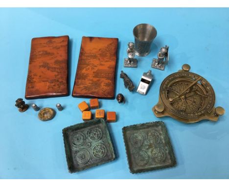 A tray of assorted brass and a compass etc.