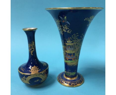 A Carlton Ware spill vase, decorated with pagodas, 16cm height and a smaller Carlton Ware vase, 12cm height