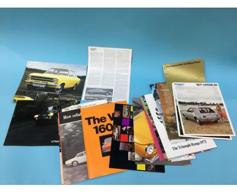A collection of Vintage car brochures, to include Triumph, NSU, AMC and Jaguar etc.