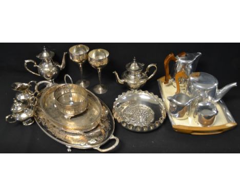Metalware - four piece plated tea service; Picquot ware four piece tea service, on tray; other plated ware including Walker &