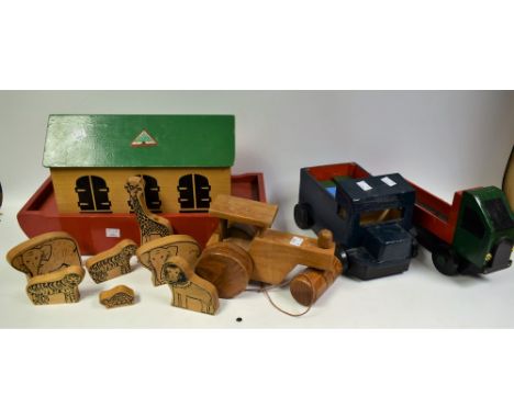 Wooden Toys - a mid 20th century Good Wood Noah`s Ark, with animals; a wooden steam roller; etc 