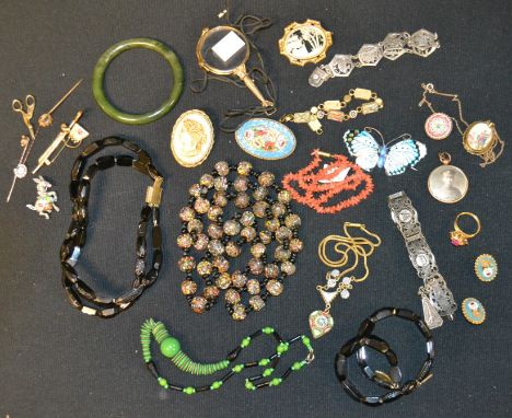 Late 19th century and early 20th century jewellery, including micromosaic brooches, earrings and bracelet; an enamelled silve