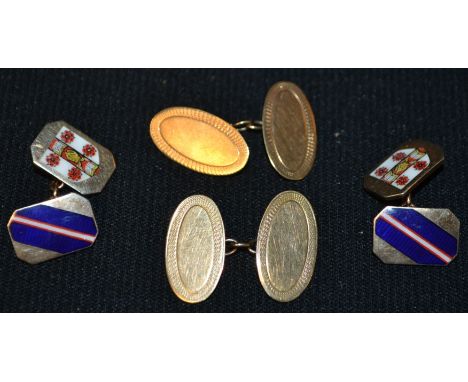 A pair of Rossall School enamelled 9ct gold cufflinks, S R Rose &amp; Sons, London 1954, 9.9g gross; another pair, oval, engi