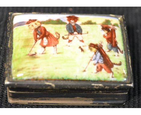 A sterling silver box, the enamel cover decorated with Louis Wain type anthropomorphic cats playing golf, 4cm wide, marked 92