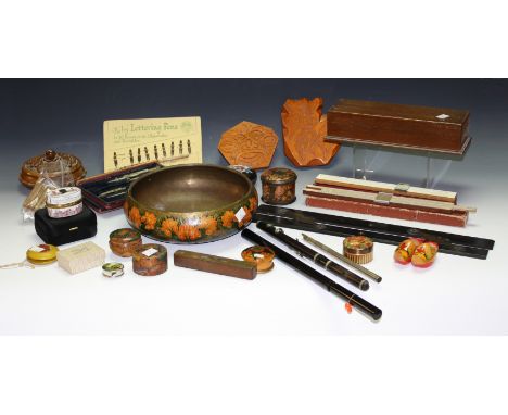 Boxes and Objects - a hand painted turned wood bowl, Indian design; a cloisonné lidded trinket box; a piccolo; turned and dec