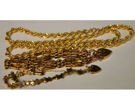 A 9ct gold rope twist necklace, an Edwardian triple row 9ct gold gate bracelet, stamped 9ct; another, smaller, 25.6g gross (3