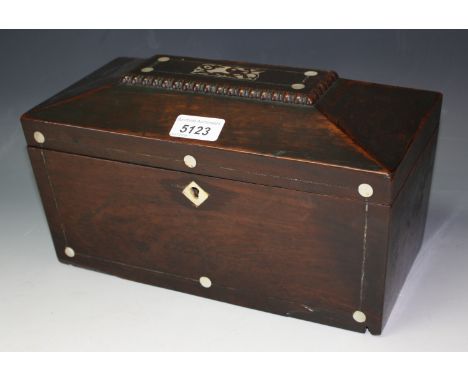 An early 19th century mahogany sarcophagus tea caddy, mother of pearl inlaid, 30cm long