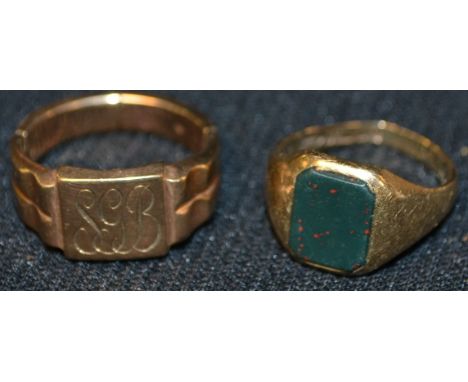 An unusual 9ct gold adjustable size signet ring, initialled SGB; another, bloodstone, 10.8g gross