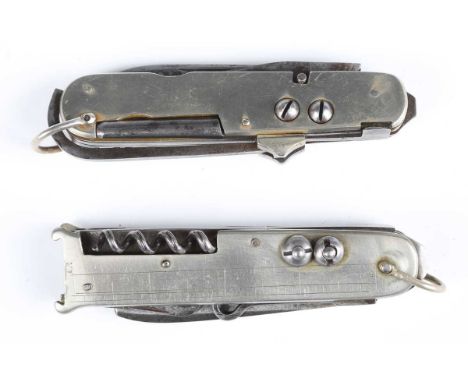 Two similar large late 19th/early 20th century combination multi-tool hunting/shooting knives, each with nickel plated body a