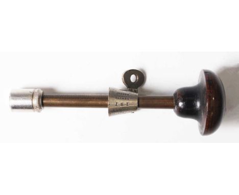 A rare late 19th century Jones Patent 12-bore cartridge loading tool with nickel plated fittings, brass adjustable scale and 