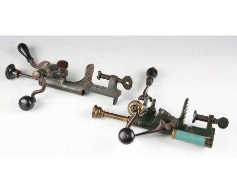 Two 19th century patent bench-mounted combination 12-bore cartridge reloading tools, comprising a James Dixon &amp; Sons Rivi