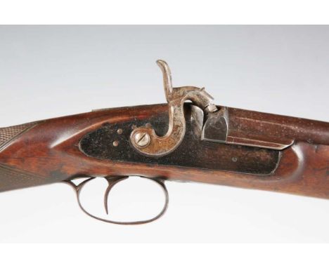 A 19th century 12-bore percussion shotgun with round sighted barrel, barrel length 78.5cm, plain lock and hammer, chequered g