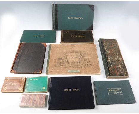 A group of early to mid-20th century game books and registers, including leather and part cloth bound, including an example d