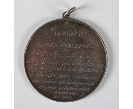 An unusual mid-19th century white metal medallion, obverse engraved 'Presented to James Davenport by John Mayall Esqre as a t