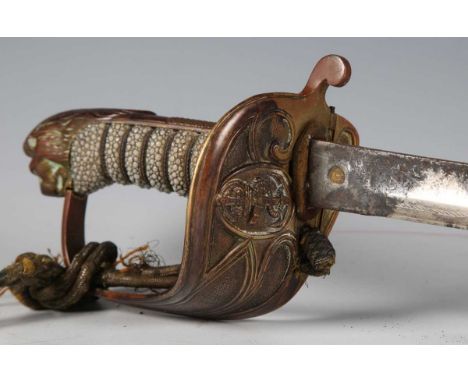 A George VI naval officer's sword with straight single-edged fullered blade, blade length 79.5cm, brass hilt with folding gua