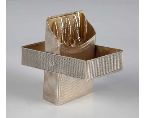 A mid to late 20th century silver game shooter's butt or peg marker box with scissor-action hinge, opening to reveal eight ma